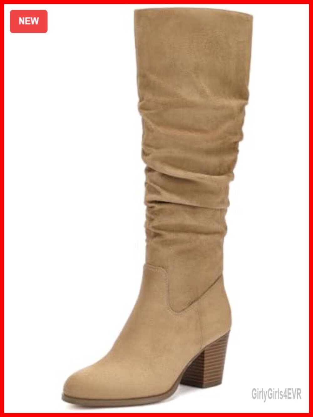 Wide Calf Slouchy Knee High Boots Faux Suede Chunky Heel Side Zip